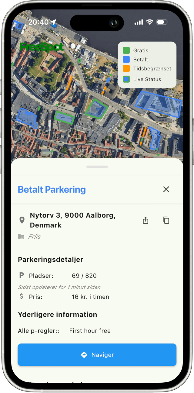 FreeSpot app – live status for parkeringspladser med antal ledige pladser og sidst opdateret