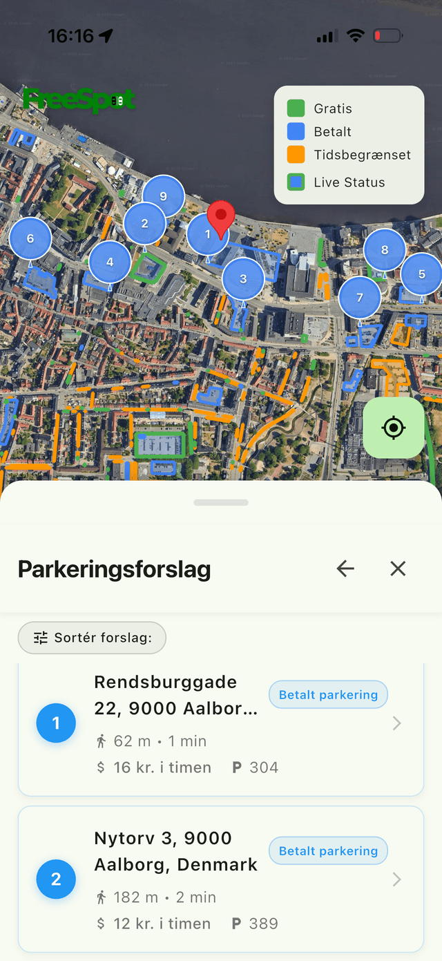 FreeSpot app viser parkering ved Aalborg Universitet