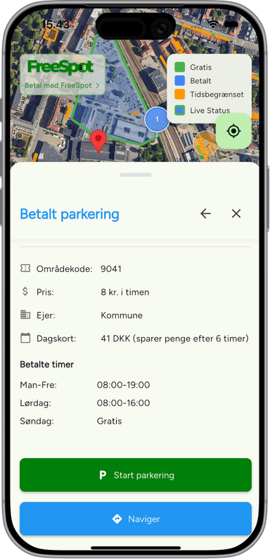 FreeSpot app screenshot showing parking near Aalborg Kongres & Kultur Center