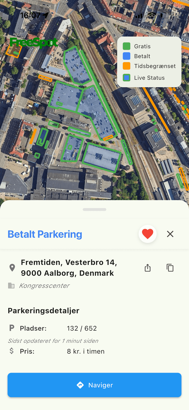 FreeSpot app viser parkering ved Aalborg Kongres & Kultur Center
