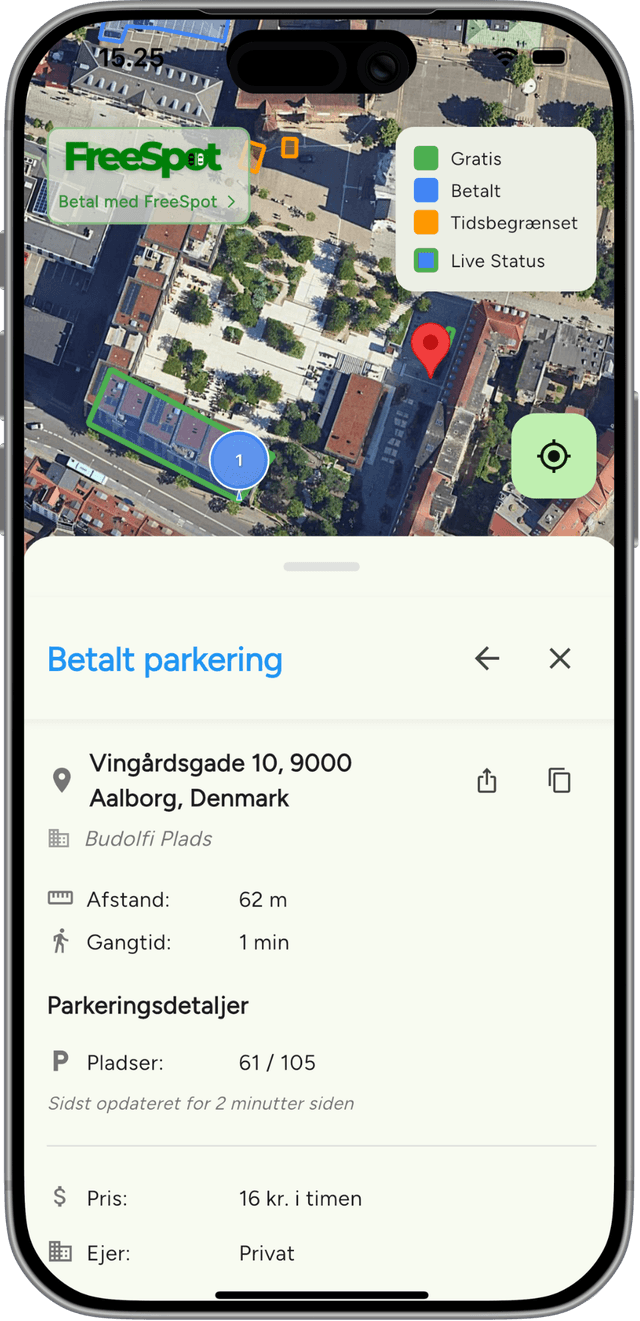 FreeSpot app viser parkering ved Budolfi Plads i Aalborg