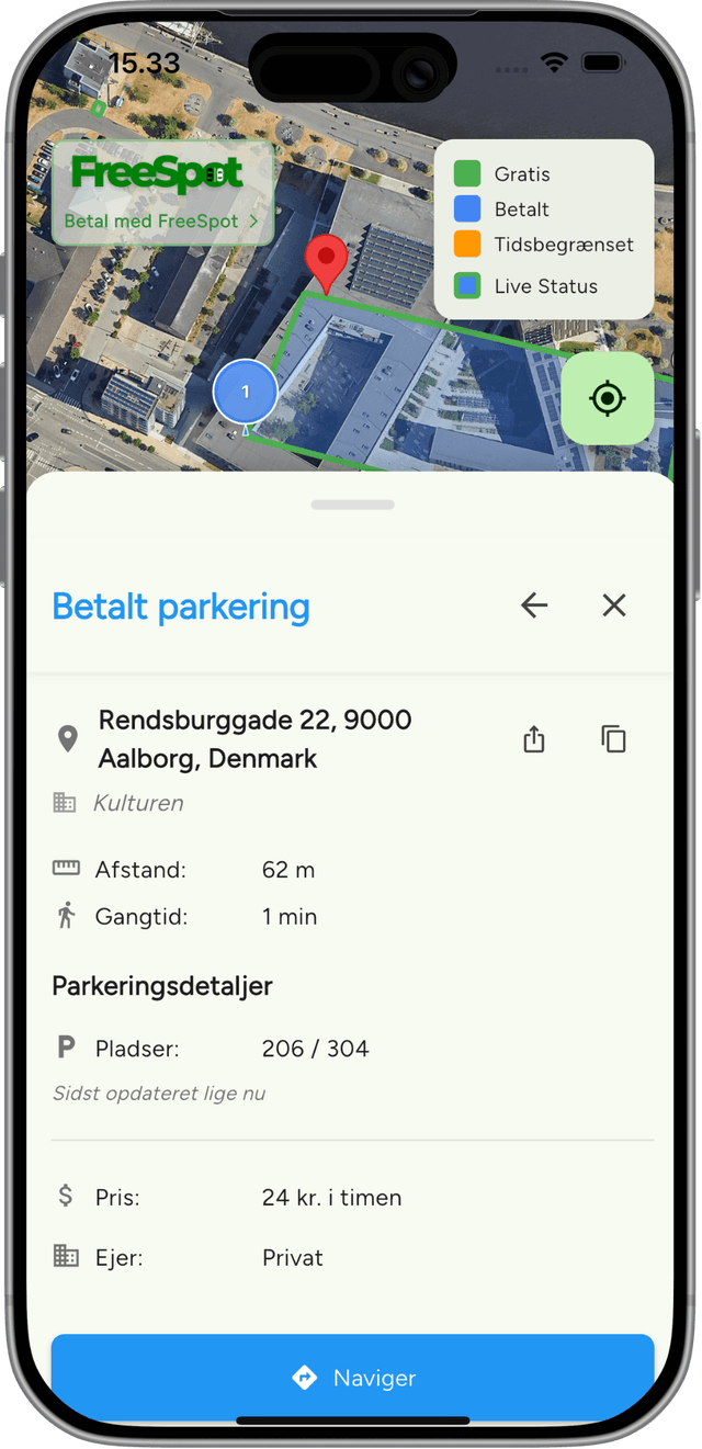 FreeSpot app viser parkering ved Aalborg Universitet