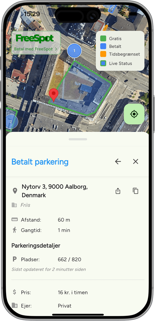 FreeSpot app viser live status for parkering ved Friis Shoppingcenter