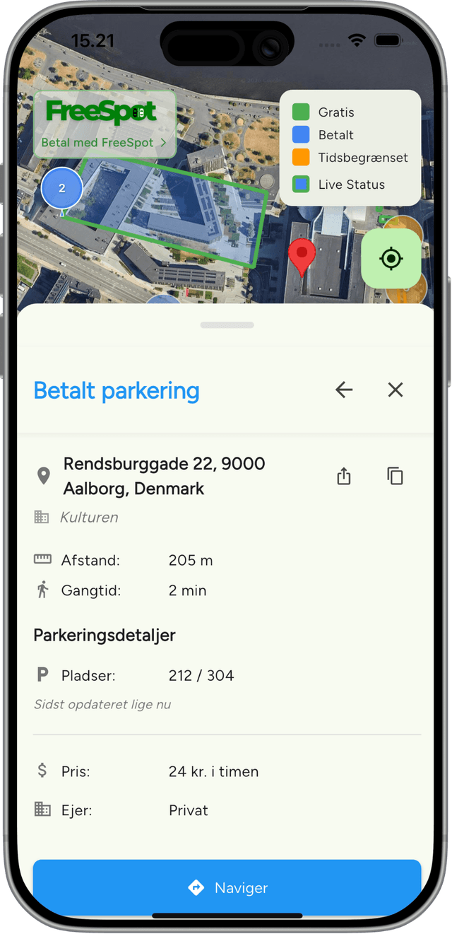 FreeSpot app viser parkering ved Musikkens Hus i Aalborg