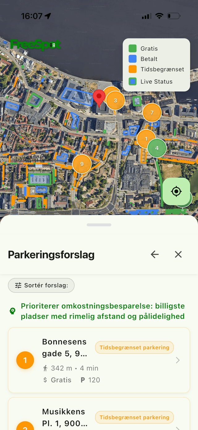 FreeSpot app viser parkering ved Musikkens Hus i Aalborg