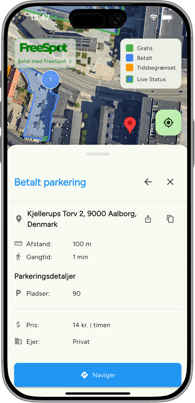 FreeSpot app viser parkering ved Nordkraft i Aalborg