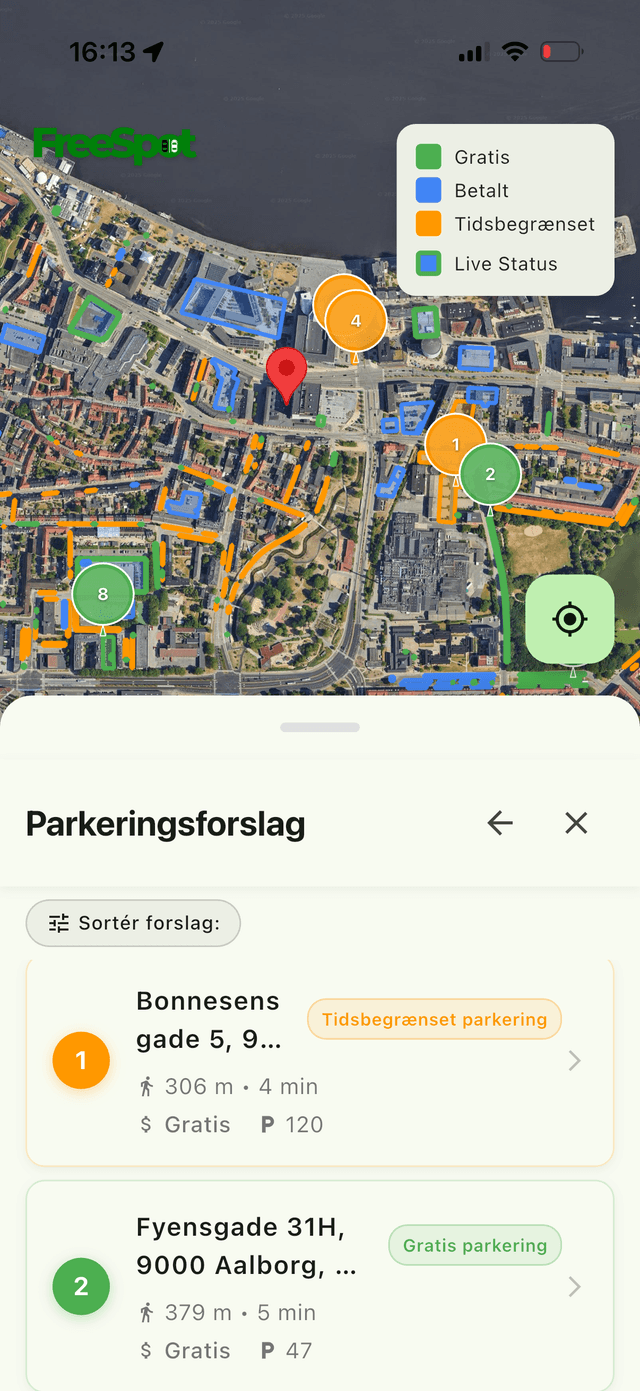 FreeSpot app viser parkering ved Nordkraft i Aalborg