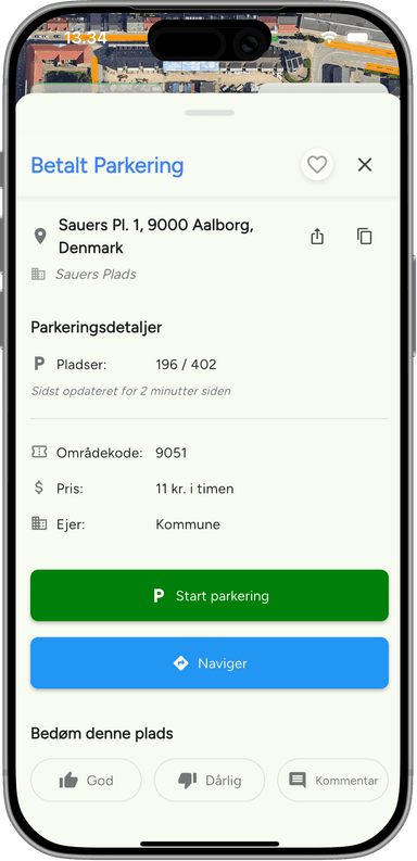 FreeSpot app screenshot showing parking at Sauers Plads