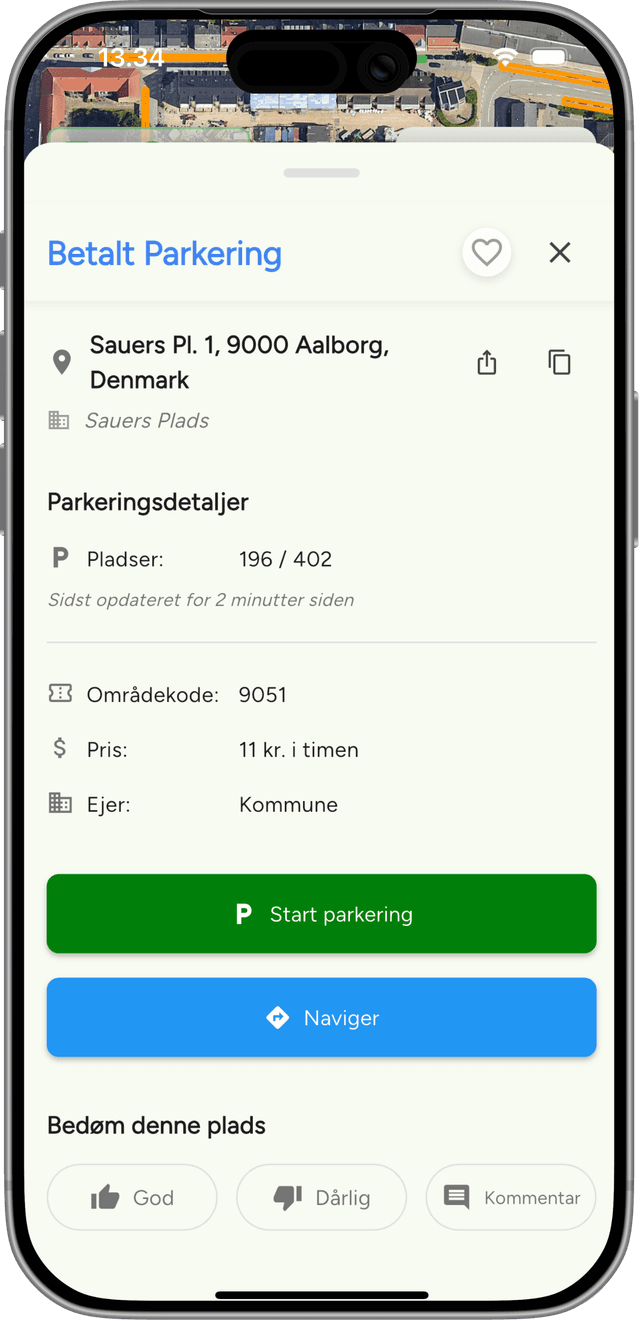 FreeSpot app viser parkering ved Sauers Plads i Aalborg
