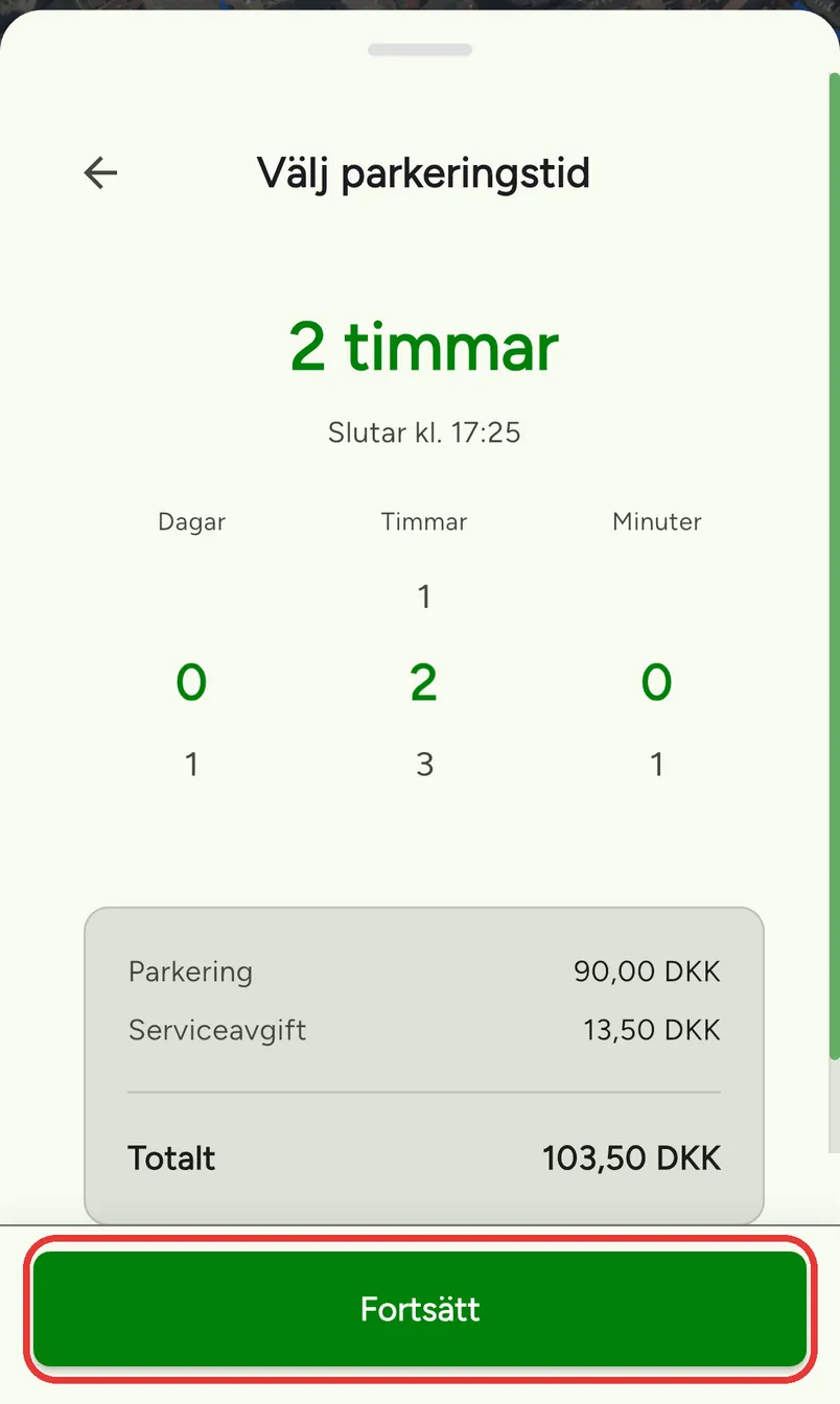 FreeSpot-appen på svenska: välj tid, med parkering, serviceavgift och totalpris