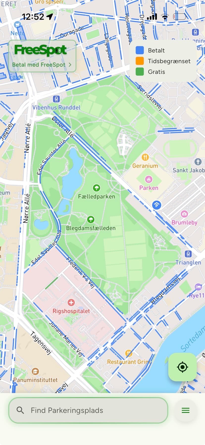 FreeSpot-kort over parkering ved Fælledparken og Østerbro