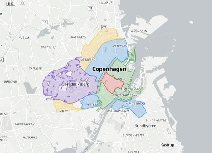 FreeSpot-kort med Københavns kommunale betalingszoner