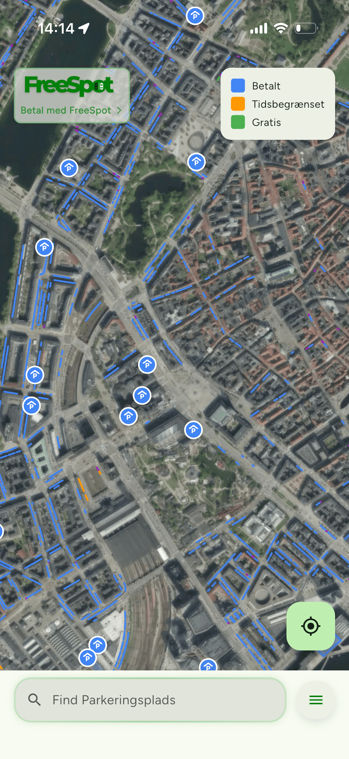 FreeSpot-kortet over Indre By i København med parkeringspladser markeret