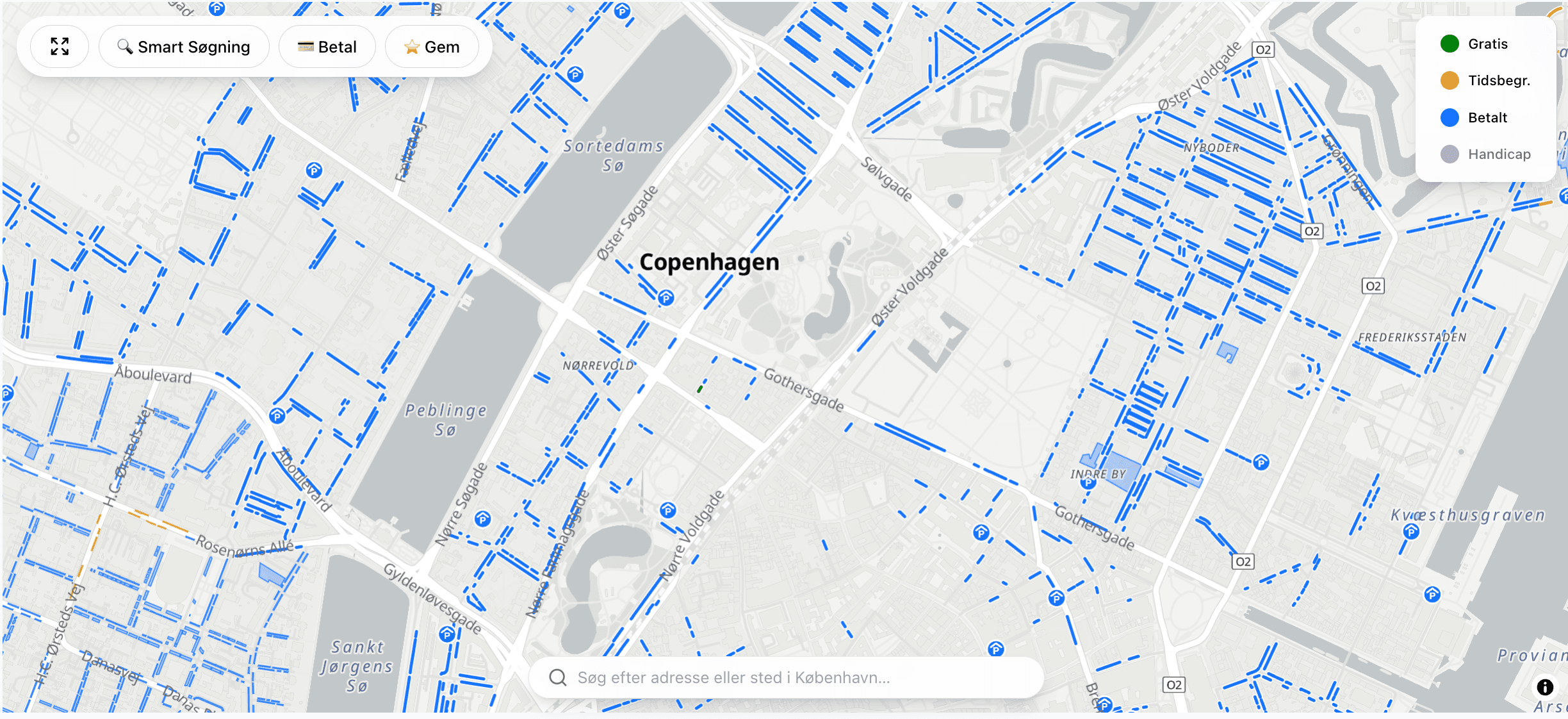 FreeSpots kort over parkeringspladser omkring Indre By, Nørrevold og søerne i København
