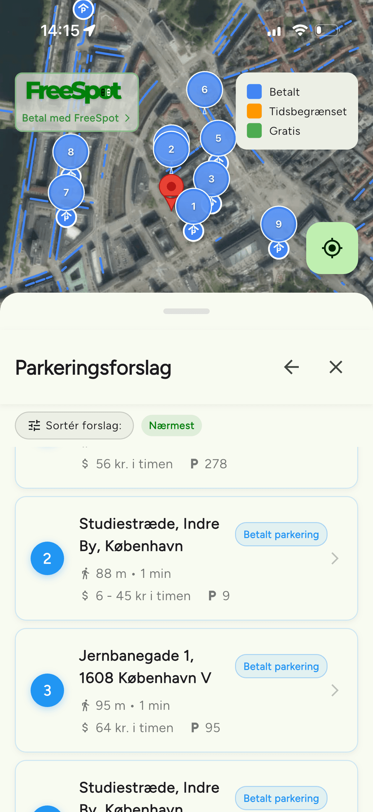 Parkeringsforslag i FreeSpot: Studiestræde til 6-45 kr. i timen og Jernbanegade 1 til 64 kr. i timen