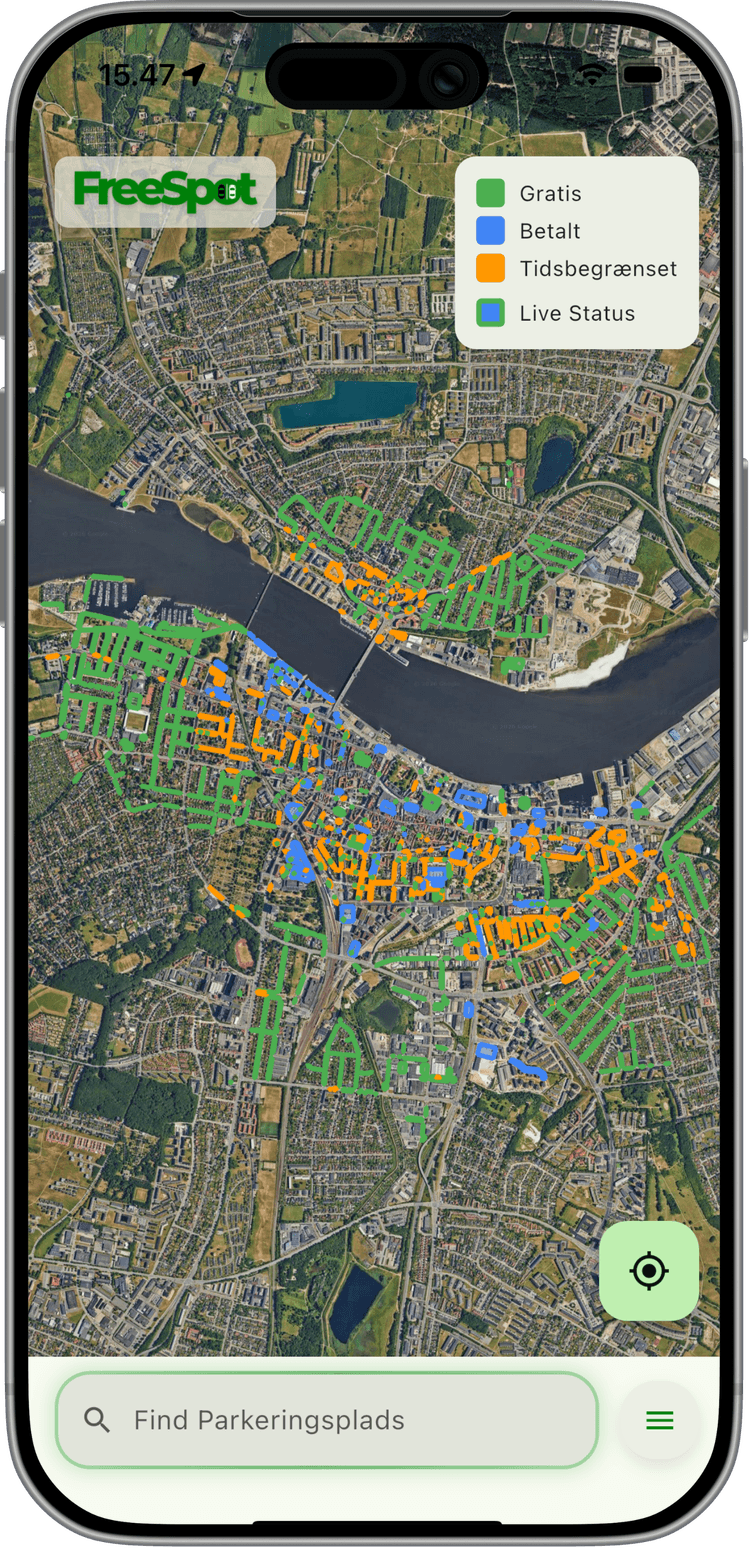 FreeSpot app viser parkeringszoner i Aalborg - grøn for gratis, blå for betalt, orange for tidsbegrænset parkering