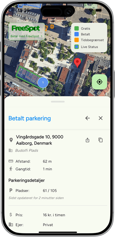FreeSpot app screenshot showing parking near Budolfi Plads