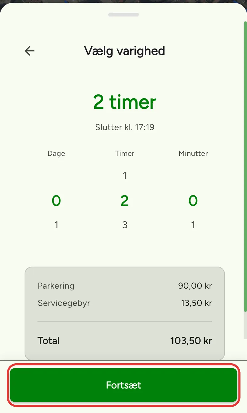 FreeSpot-appen på dansk: vælg varighed, med parkering, servicegebyr og samlet pris