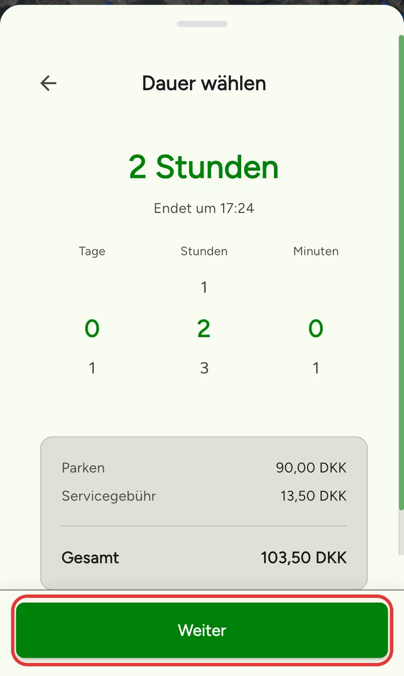 Die FreeSpot-App auf Deutsch: Dauer wählen, mit Parken, Servicegebühr und Gesamtpreis