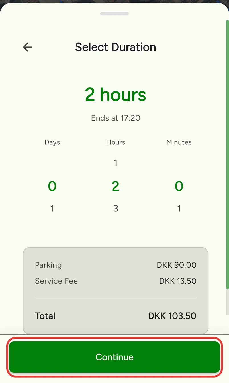 The FreeSpot app in English: select duration, with parking, service fee and total