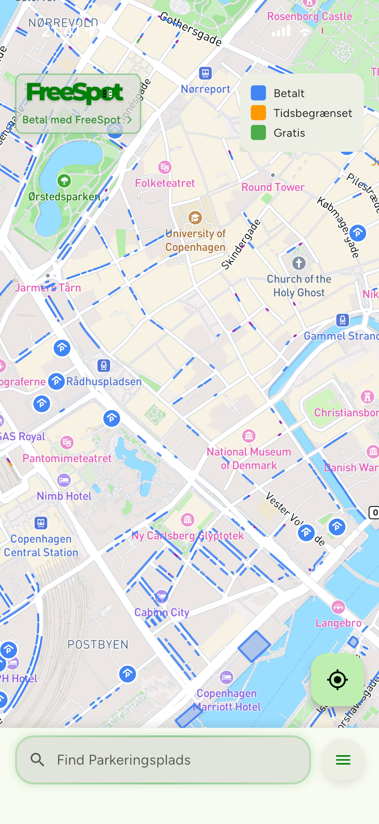 FreeSpot-appen viser betalingspladser, tidsbegrænset parkering og gratis parkering i København